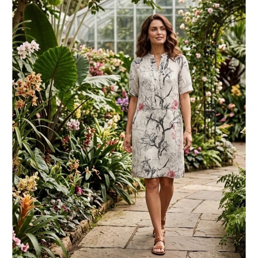 Hilton Hollis 100% Linen Dress Floral Sz S Knee Length S/S Quiet Luxury Classic